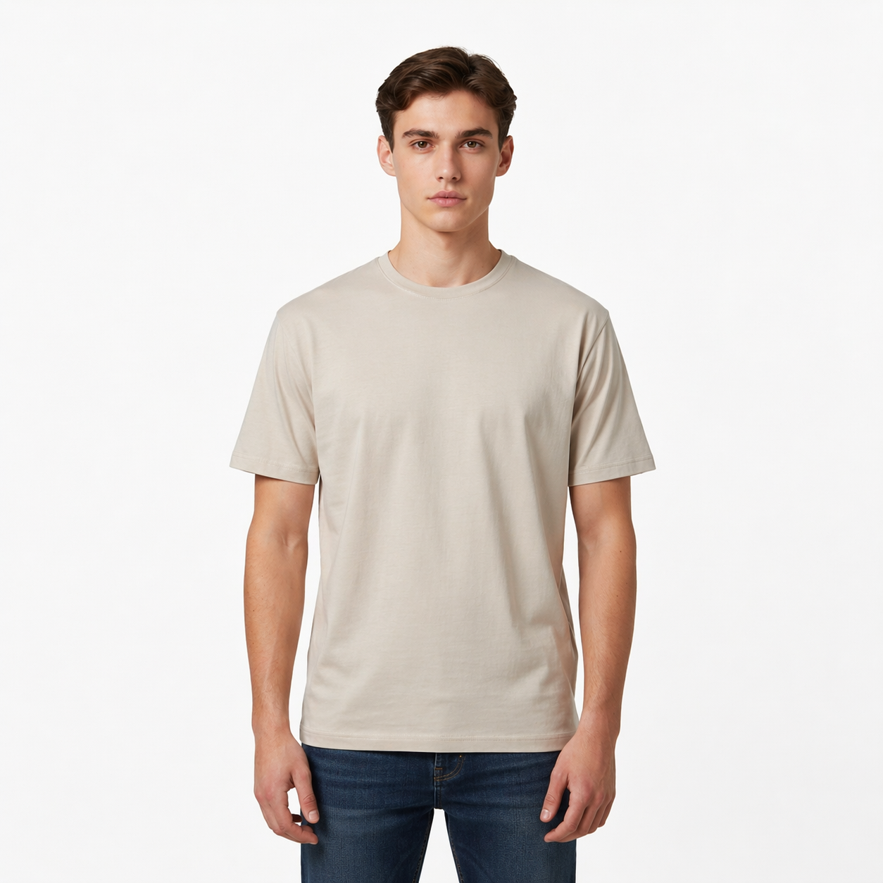 "Men’s Casual Cotton T-Shirt – Beige | Regular Fit | Soft & Comfortable"
