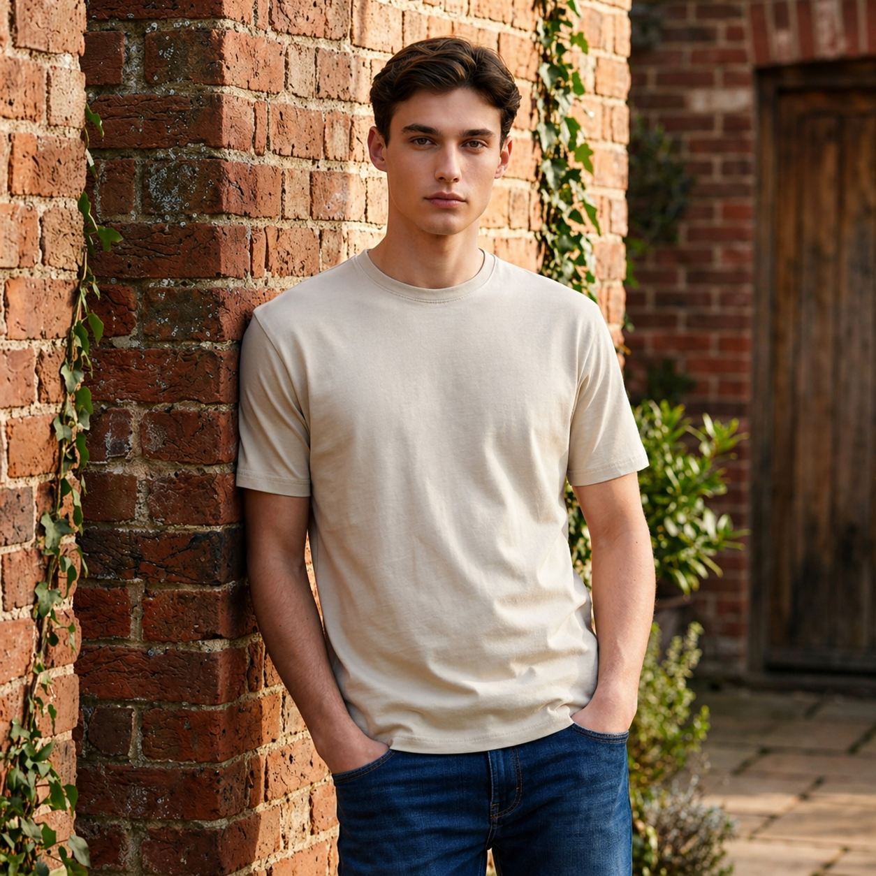 "Men’s Casual Cotton T-Shirt – Beige | Regular Fit | Soft & Comfortable"