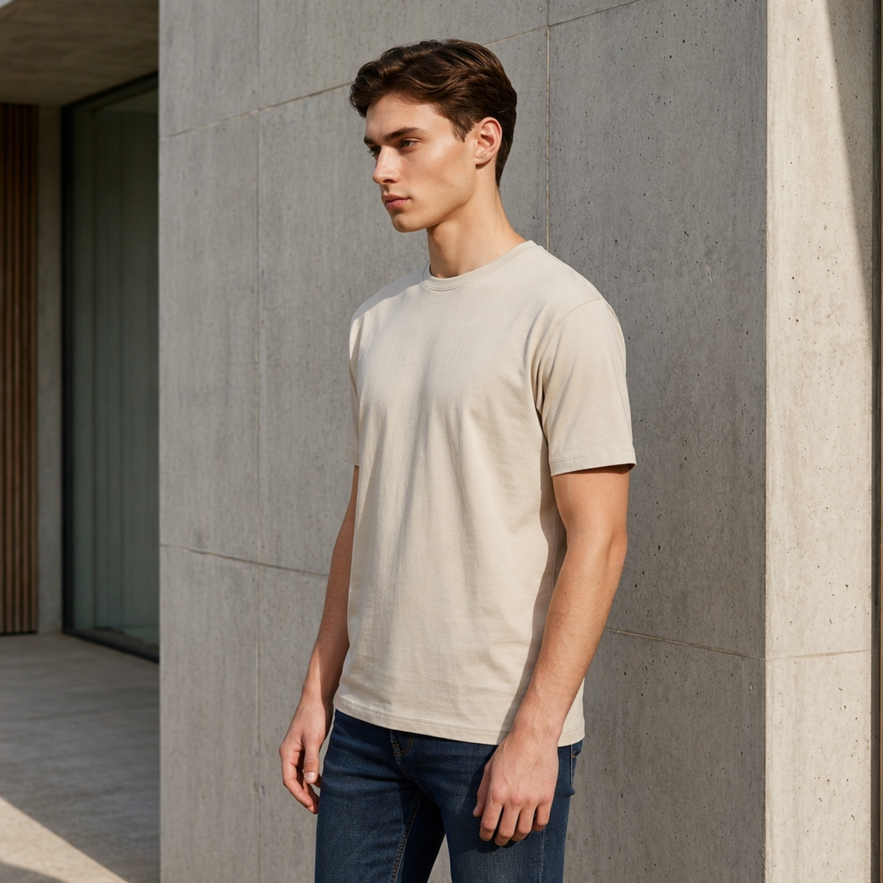 "Men’s Casual Cotton T-Shirt – Beige | Regular Fit | Soft & Comfortable"